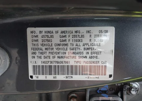 2008 Honda Accord 3.5 Ex из США, поврежденный, VIN 1HGCP36778A067961